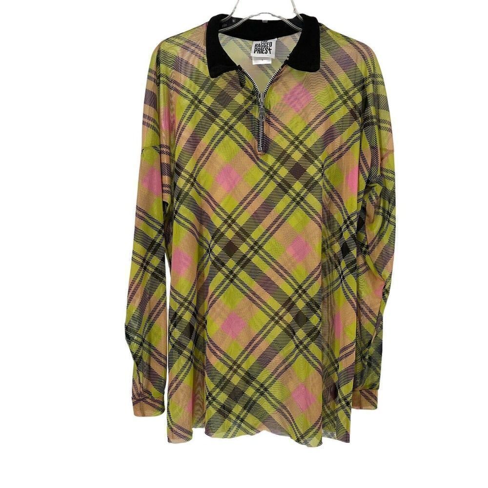 Ragged Priest Top Mesh Tunic Yellow Plaid Size S Long Sleeve Collared 1/4 Zip